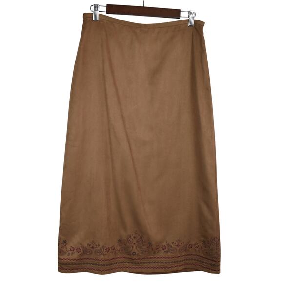 Vintage faux suede embroidered skirt dark caramel brown 10 petite western boho - Picture 1 of 9